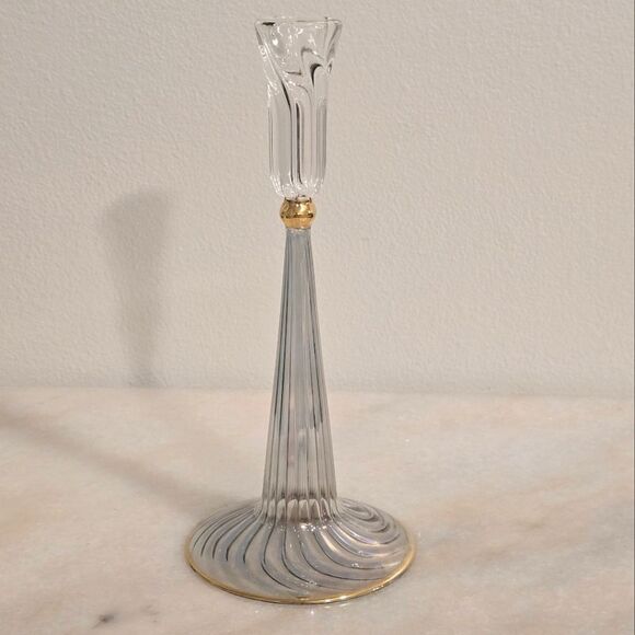 Vintage Egyptian Clear Blue Iridescent Glass Candlestick Holder - Picture 1 of 8